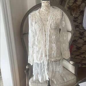 NWT Fantazia Sheer White Lace Embroidered Women's Floral Cardigan L